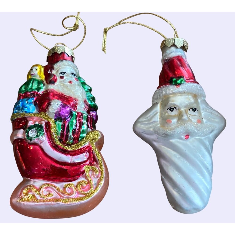 Vintage Santa Claus Glass Christmas Ornaments Set Of 2